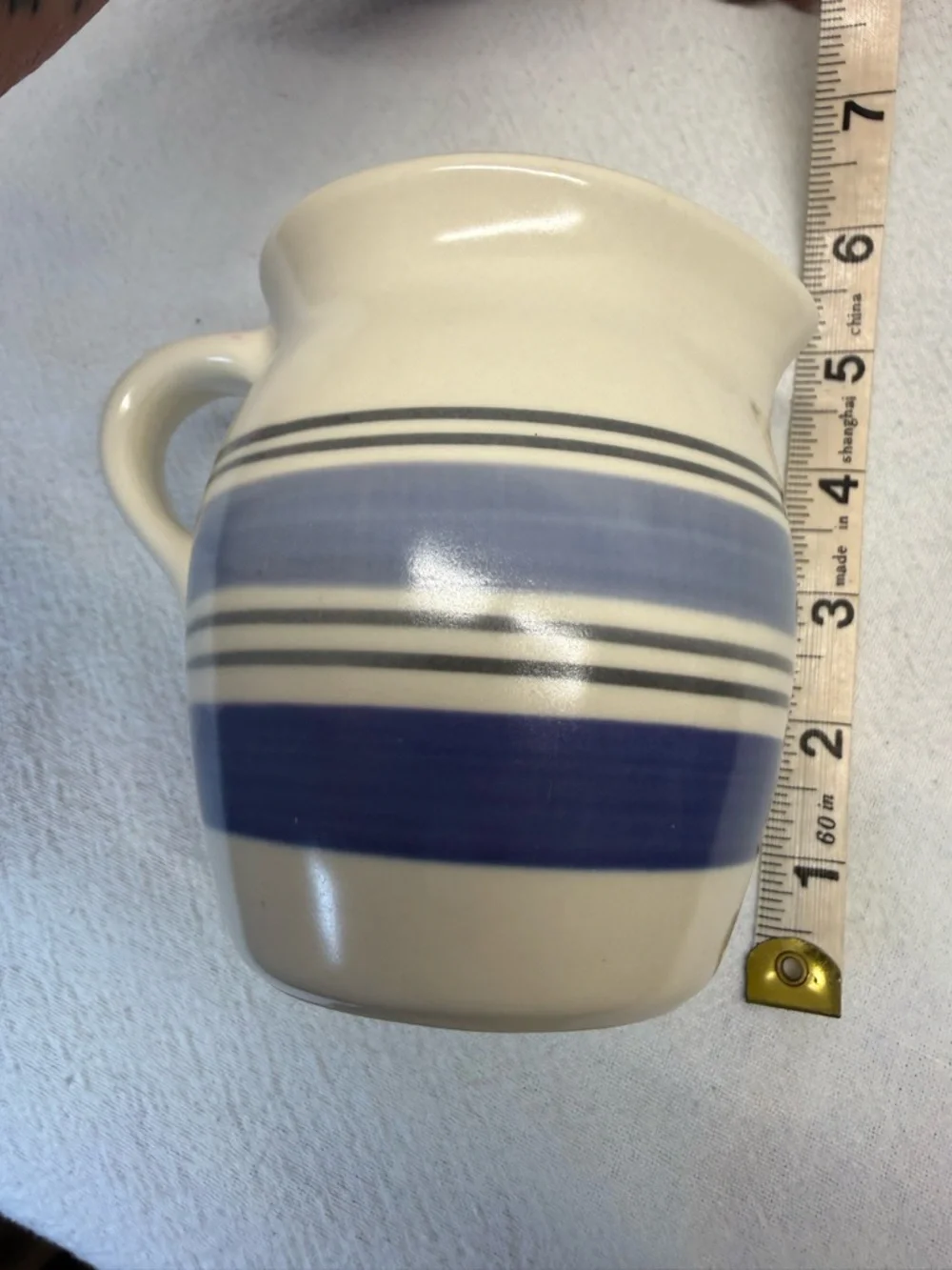 VTG Pfalzgraff Rio Stoneware Creamer blue & gray bands white body blue interior.